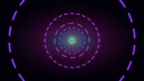 Futuristic neon tunnel of glowing dashed circles changing colors Stock Footage 336353335