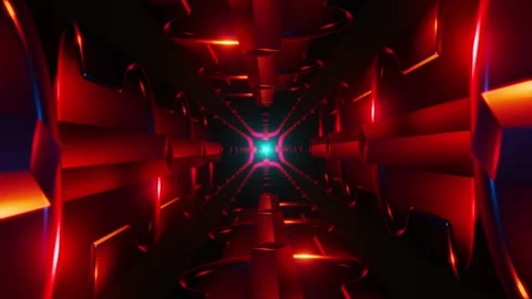 Futuristic neon tunnel interior rotating metallic shapes and vibrant lights Stock Footage 326779607