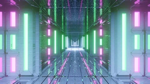 Futuristic Neon Tunnel: Sci-Fi Digital Cyber Corridor Design Stock Footage 303141274