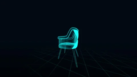 Futuristic Neon Wireframe Armchair 3D Digital Visualization in Dark Setting Stock Footage 344528459