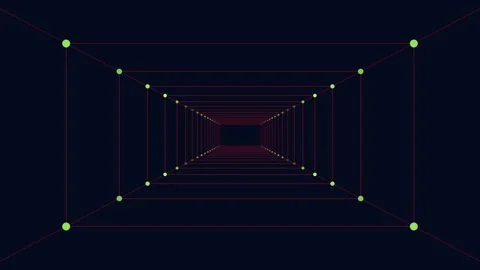 Futuristic neon wireframe tunnel corridor with glowing nodes, 3D perspective Stock Footage 330061632