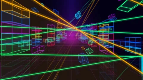 Futuristic Neon Wireframe Tunnel Cyberspace Background Animation Vídeo Stock 344755905