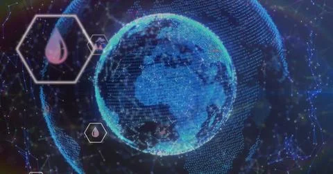 Futuristic network with digital globe and data icons symbolizing global Stock Photos