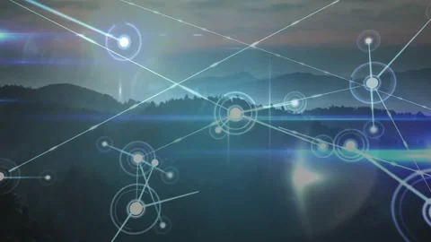 Futuristic network overlay floating over mountain ridges, showing glowing nodes Stock Footage 330591310