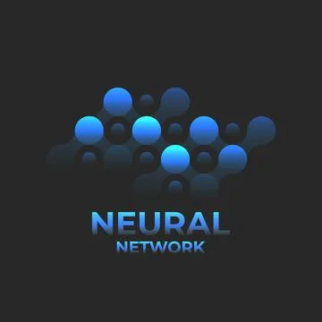 Futuristic neural network structure logo with glowing blue nodes on dark ba.. Stock Illustration