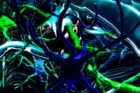 Futuristic neuron installation with digital screen background, showcasing c.. Stock Illustration