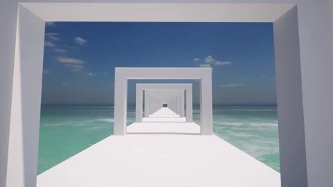 Futuristic new architecture square arch pedestal tropical ocean recreation area Stock Footage 243566787