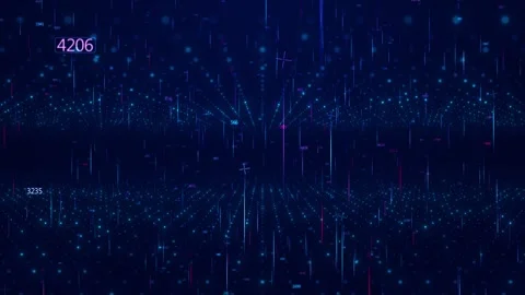 Futuristic number grid visual with blue dotted floor, floating data marks, and d Stock Footage 340552642