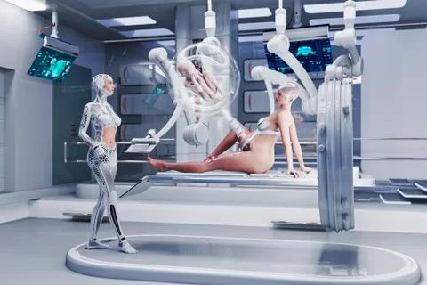 Futuristic nurses examining expectant mother Stock Illustration