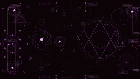 Futuristic Occult HUD Interface with Purple Sacred Geometry and Mystical Data Stock Footage 334443627