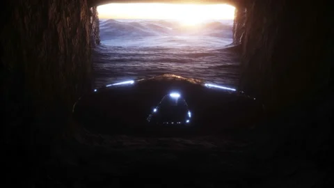 Futuristic old sci fi ship flying in rock cave. Future concept. Realistic 4k Stock Footage 161090691