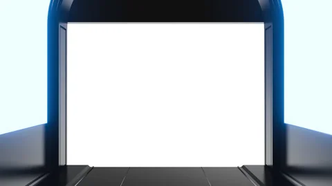 Futuristic opening gate in moving sci fi technology tunnel with neon light. Stock Footage 273501346