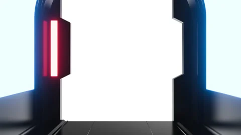 Futuristic opening gate in moving sci fi technology tunnel with neon light. Stock Footage 273501534