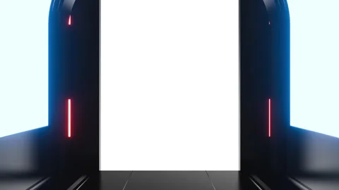 Futuristic opening gate in moving sci fi technology tunnel with neon light. Stock Footage 273501565