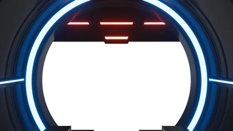 Futuristic opening gate in moving sci fi technology tunnel with neon light. Stock Footage 273501771