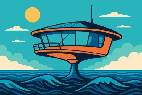 Futuristic orange pod structure floating above wavy blue ocean water Stock Illustration