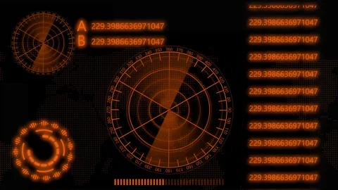 Futuristic orange radar screen with digital elements and data visualization.. Stock Footage 259768066
