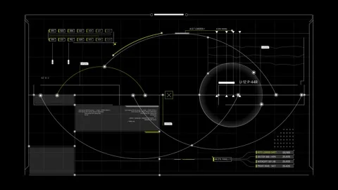 Futuristic Orbital Data Dashboard With Trajectory Graphs Planetary Sphere 库存影片 341559905