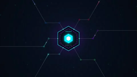 Futuristic Orchestrator Hub with Glowing Hexagon Node and Network Lines in Stock Footage 344513907