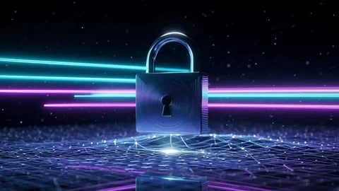 Futuristic Padlock with Neon Lights and Network. Stock Footage 330336090