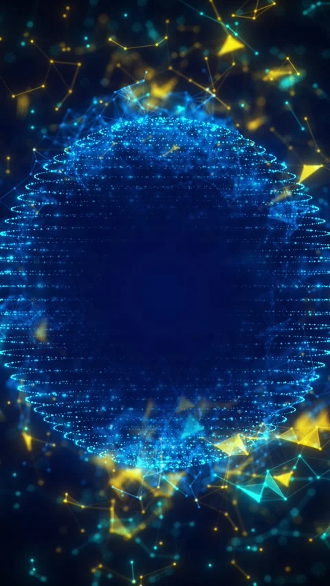 Futuristic particle globe blue circular data mesh, yellow network , tech promos, Stock Footage 340457264