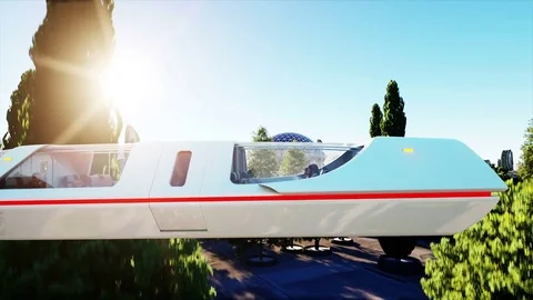 Futuristic passenger bus flying over the city, town. Transport of the future. Stockbeeldmateriaal 72480482