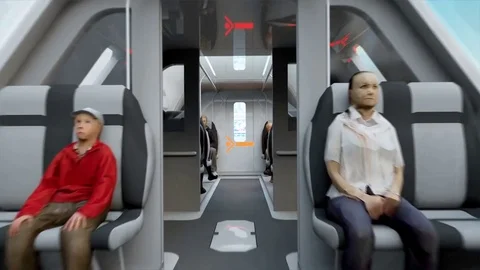 Futuristic passenger bus flying in space. Transport of the future. Video stock 72660182