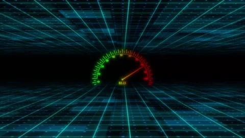 Futuristic performance meter visual green red dial, glowing needle, digital grid Stock Footage 340569205