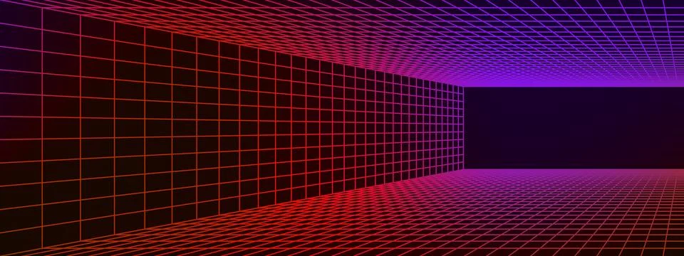Futuristic perspective grid box on black background. Abstract 3D room in re.. Stock Illustration