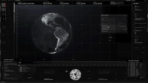 Futuristic phantom network tech searching for unprotected satellite connections Stock Footage 288992324