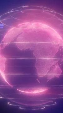 Futuristic pink digital globe with glowing rings and world map details, rep.. Illustrazione stock