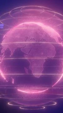 Futuristic pink digital globe with glowing rings and world map details, rep.. Illustrazione stock