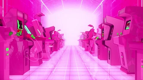 Futuristic Pink Retro Corridor With Arcade Machines lining both sides. Looped Stock Footage 282902540