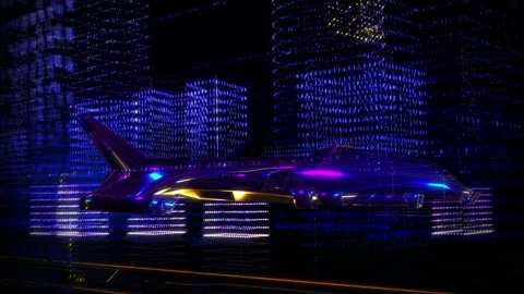 A Futuristic Plane is Floating above the Big City made out of the Data Particles Stock Footage 201827375