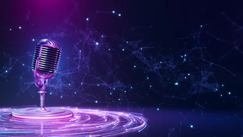 Futuristic Podcast Microphone on Neon Network Platform Stock Footage 342639835
