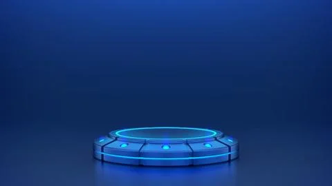Futuristic podium for product display with sci-fi lighting. 3D blue neon empt Illustrazione stock