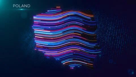 Futuristic Poland Map With Neon Waves And Digital Text Stock Illustration