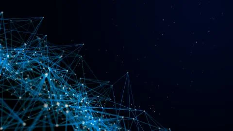 Futuristic polygonal background of low poly surface with connected spheres Illustrazione stock