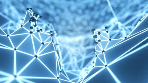 Futuristic polygonal background of low poly surface with connected spheres Illustrazione stock