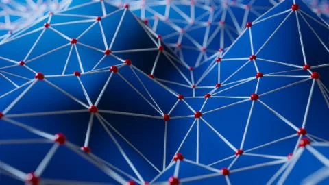 Futuristic polygonal background of low poly surface with connected spheres Stock-Illustration