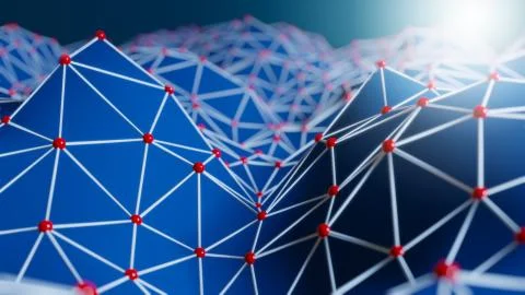 Futuristic polygonal background of low poly surface with connected spheres Illustrazione stock