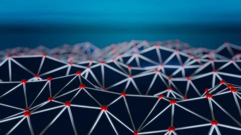 Futuristic polygonal background of low poly surface with connected spheres Illustrazione stock