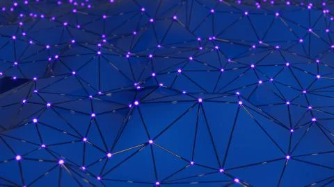 Futuristic polygonal background of low poly surface with connected spheres Illustrazione stock