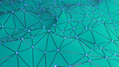 Futuristic polygonal background of low poly surface with connected spheres Illustrazione stock