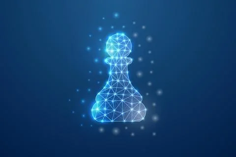Futuristic polygonal digital chess pawn glowing with blue light, abstract low Stock Illustration