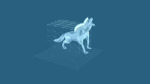 Futuristic Polygonal Dog Models on a Gridded Blue Background in 3D Space Vídeos de archivo 343639657