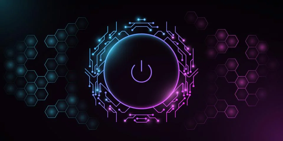 Futuristic power button with computer circuit board on a background with a pa Stock Illustration