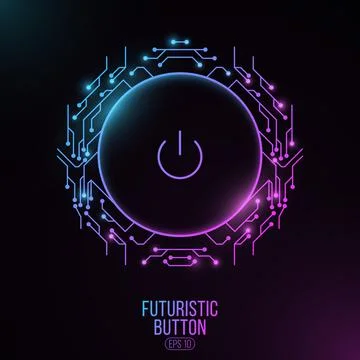 Futuristic power button with computer circuit board. HUD interface elements.  Stock Illustration
