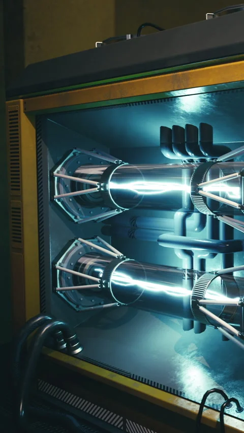 Futuristic power core illuminated in vibrant blue within a metallic casing Stock Footage 331838854