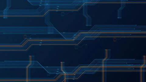 Futuristic Printed Circuit Board with Cyan and Amber Glowing Traces 4K Stock Illustration